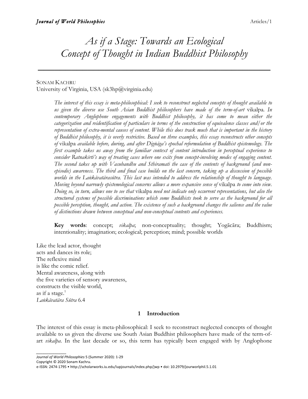 As If a Stage: Towards an Ecological Concept of Thought in Indian Buddhist Philosophy ______