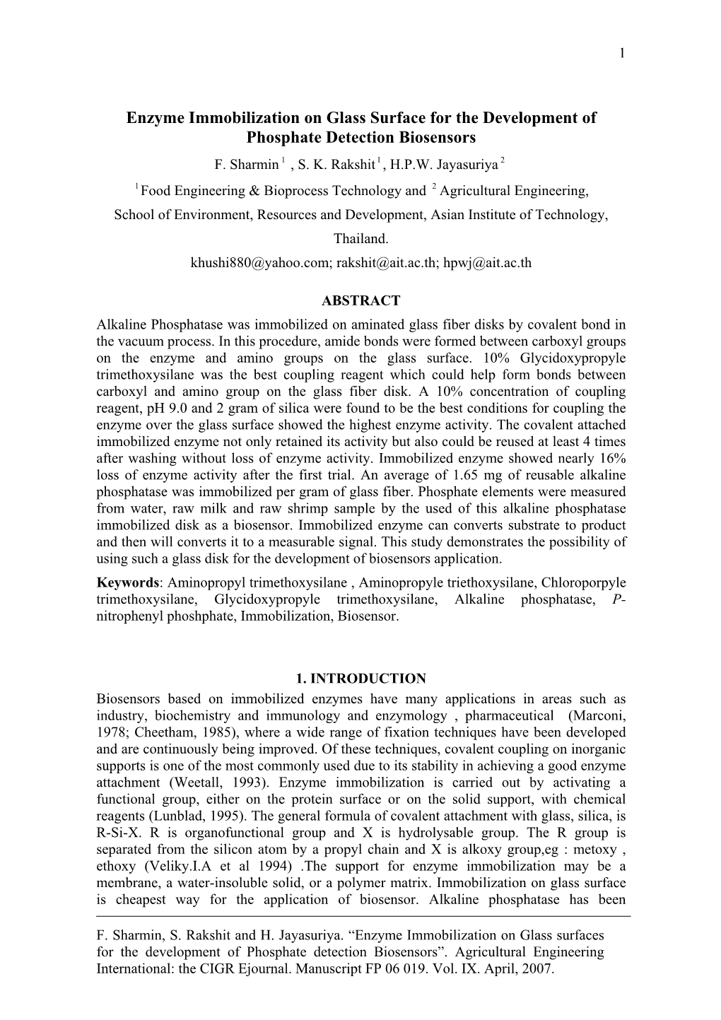 Enzyme Immobilization on Glass Surface for the Development of Phosphate Detection Biosensors F