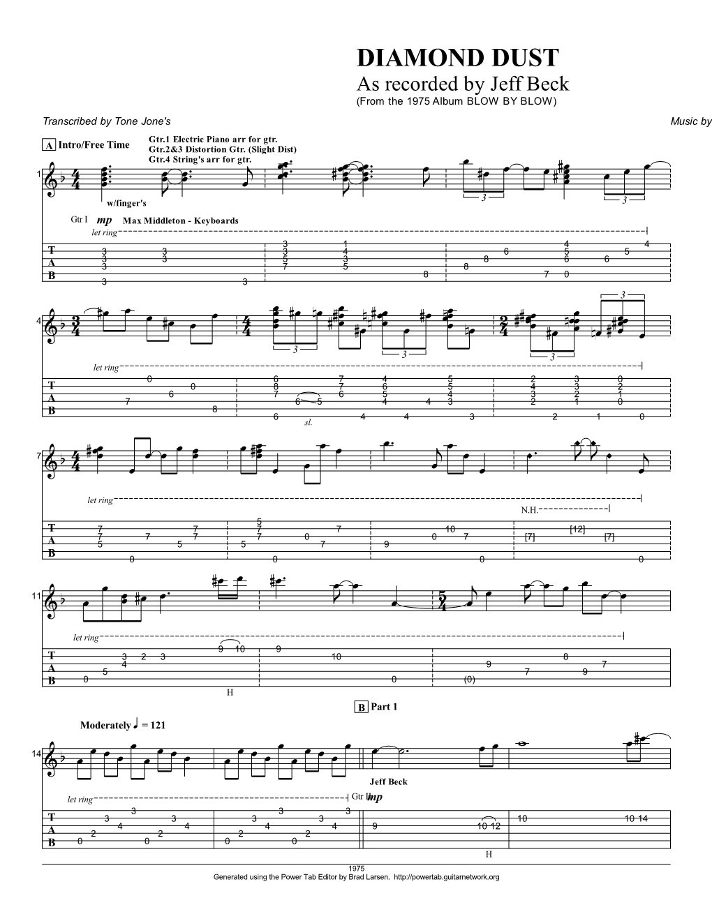 Jeff Beck (From the 1975 Album BLOW by BLOW) Transcribed by Tone Jone's Music by Bernie Holland Gtr.1 Electric Piano Arr for Gtr