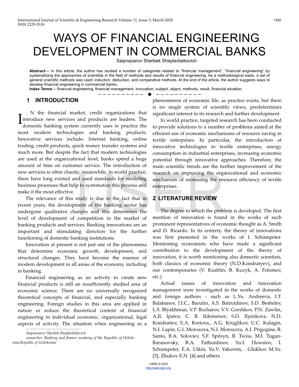 WAYS of FINANCIAL ENGINEERING DEVELOPMENT in COMMERCIAL BANKS Saipnazarov Sherbek Shaylavbekovich