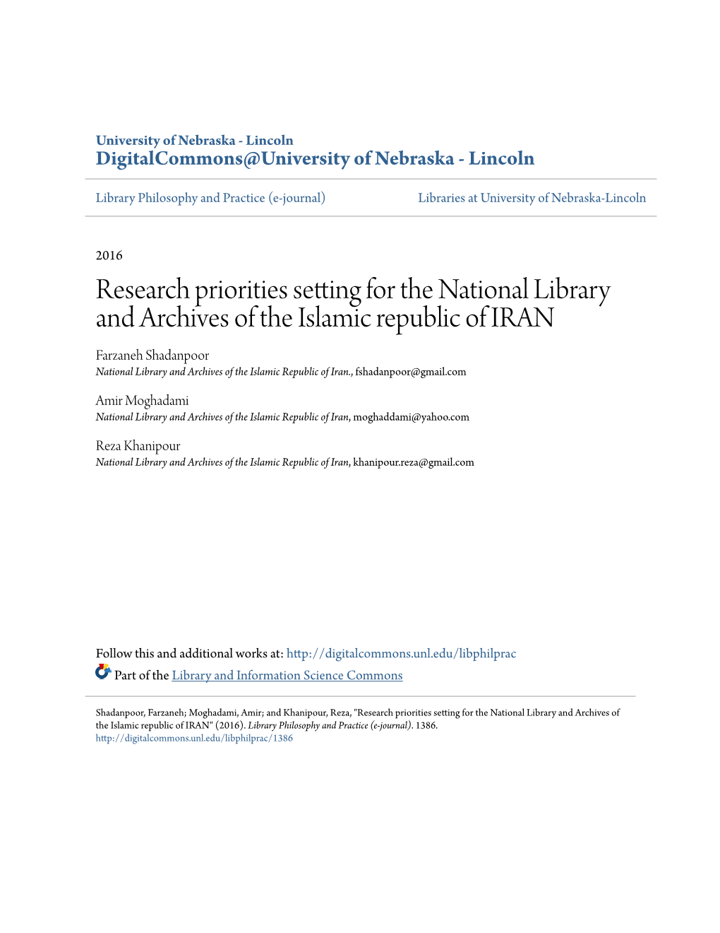 Research Priorities Setting for the National Library and Archives of the Islamic Republic of IRAN