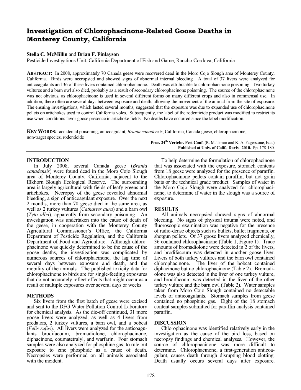 Investigation of Chlorophacinone-Related Goose Deaths in Monterey County, California