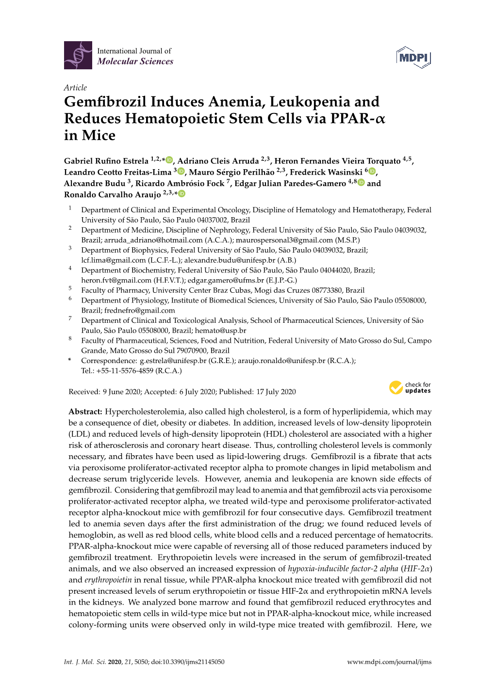 Gemfibrozil Induces Anemia, Leukopenia and Reduces Hematopoietic Stem Cells Via PPAR