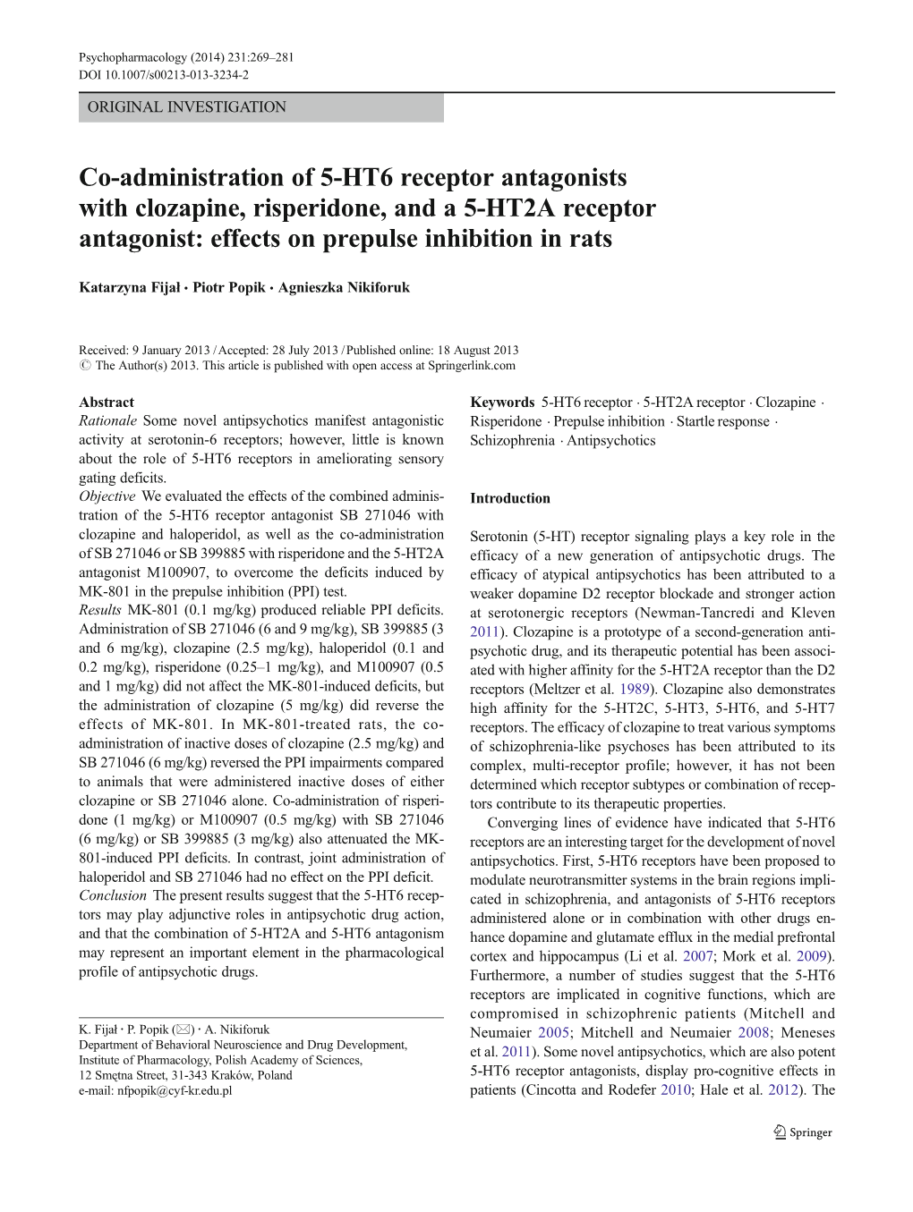 Co-Administration of 5-HT6 Receptor Antagonists with Clozapine, Risperidone, and a 5-HT2A Receptor Antagonist: Effects on Prepulse Inhibition in Rats