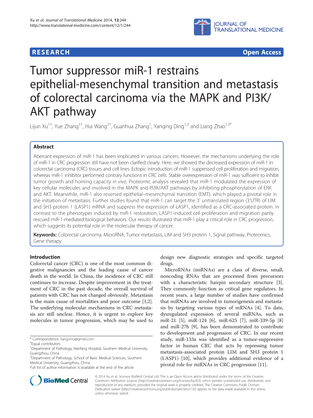 Tumor Suppressor Mir-1 Restrains Epithelial-Mesenchymal