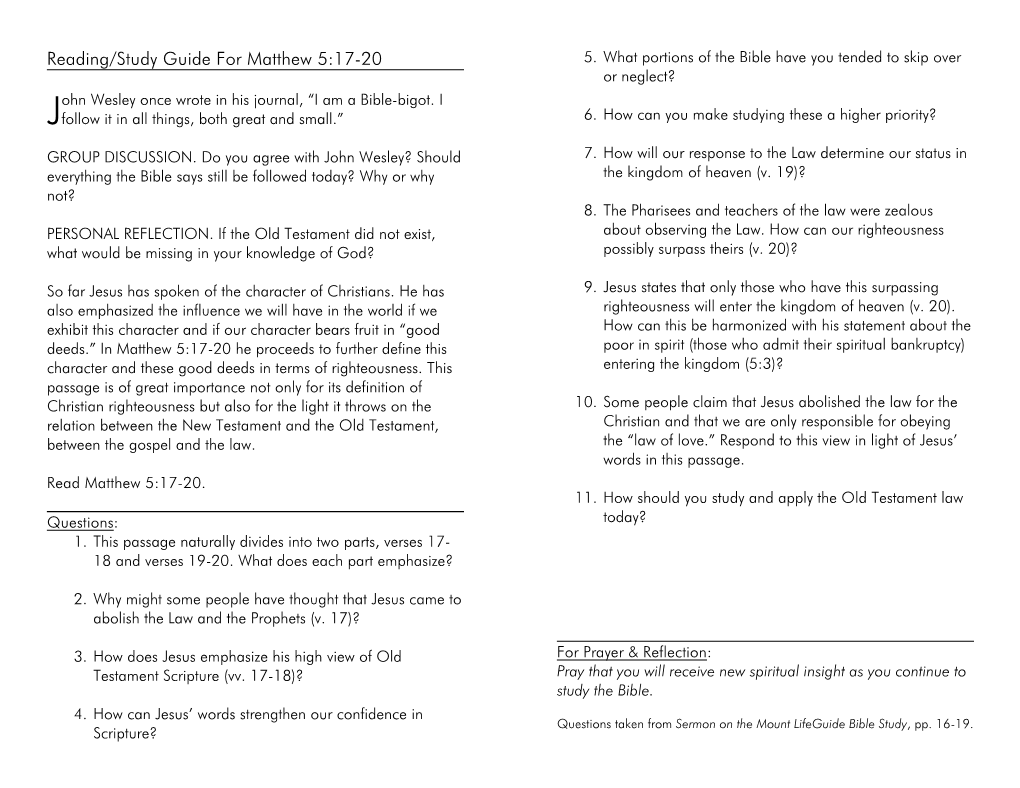 Reading/Study Guide for Matthew 5:17-20 5