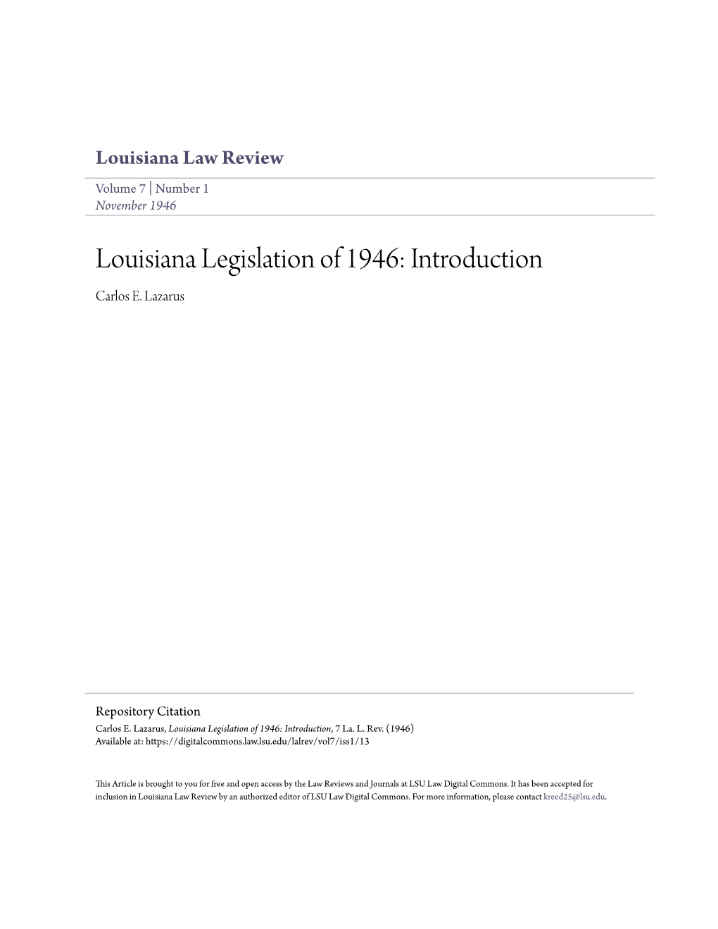 Louisiana Legislation of 1946: Introduction Carlos E