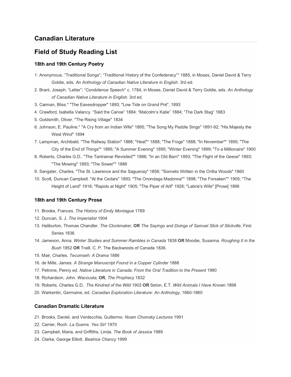 Canadian Literature Field of Study Reading List