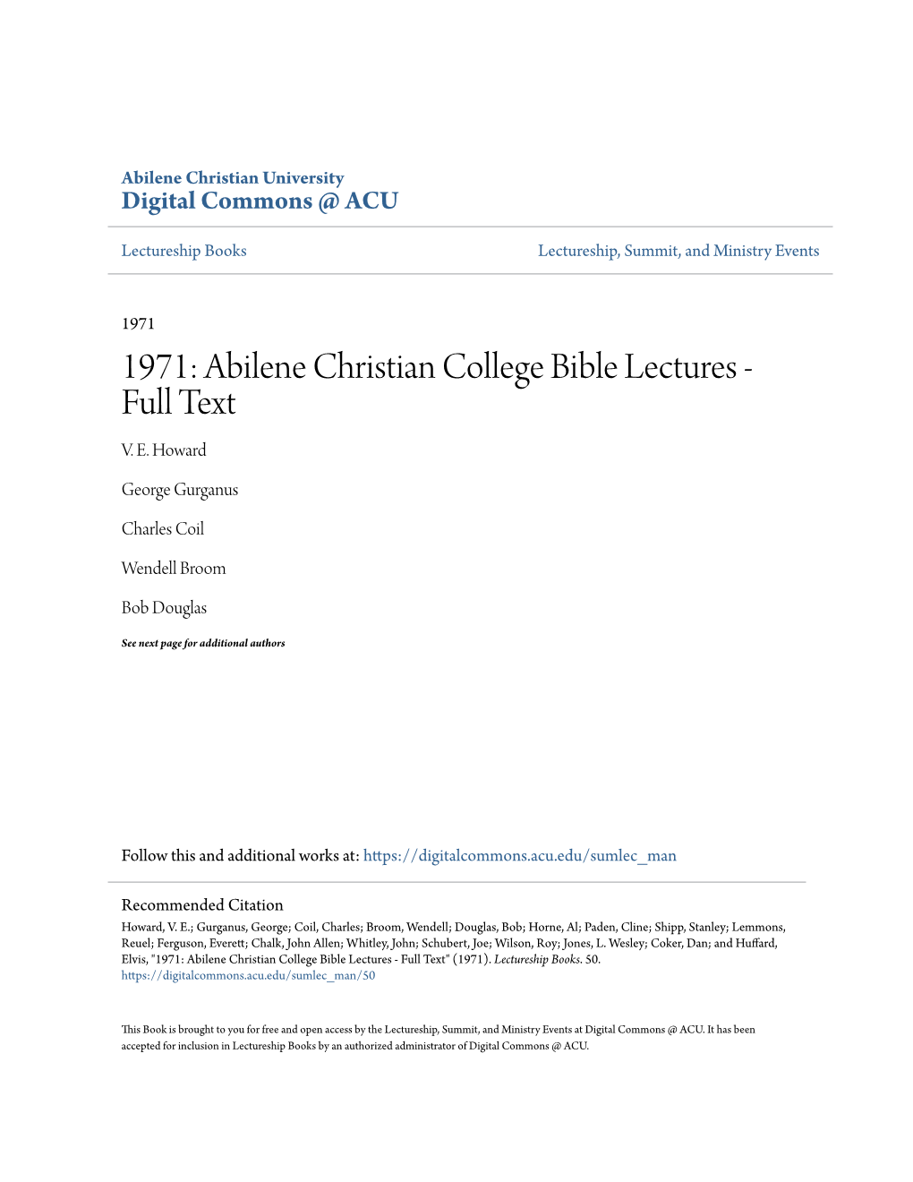 Abilene Christian College Bible Lectures - Full Text V