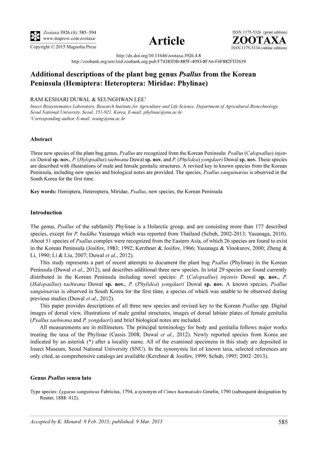 Additional Descriptions of the Plant Bug Genus Psallus from the Korean Peninsula (Hemiptera: Heteroptera: Miridae: Phylinae)