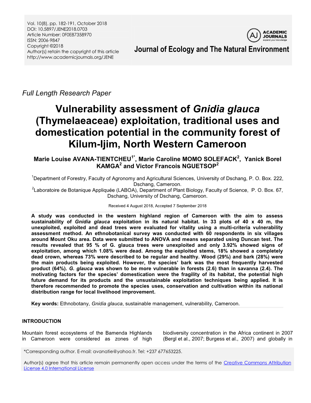 Vulnerability Assessment of Gnidia Glauca (Thymelaeaceae)