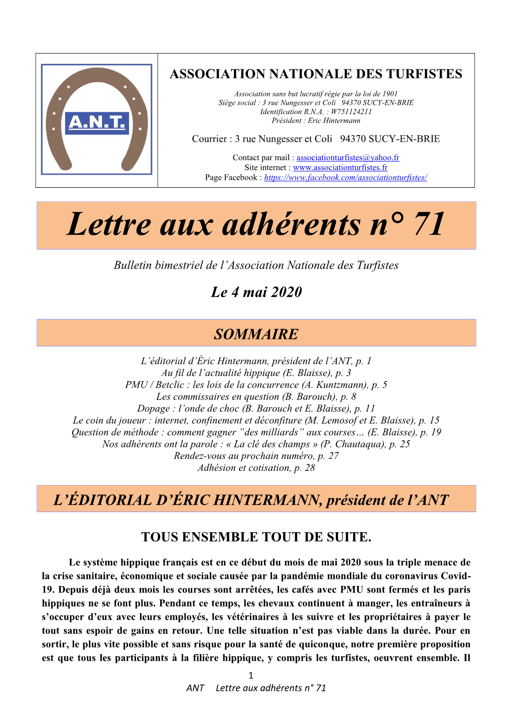 Lettre Aux Adhérents N° 71