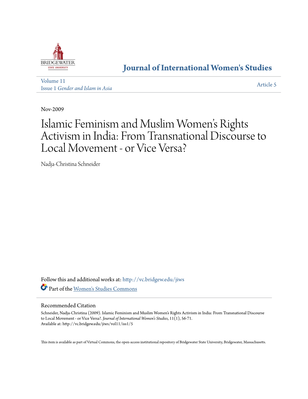 Islamic Feminism and Muslim Women's Rights Activism in India