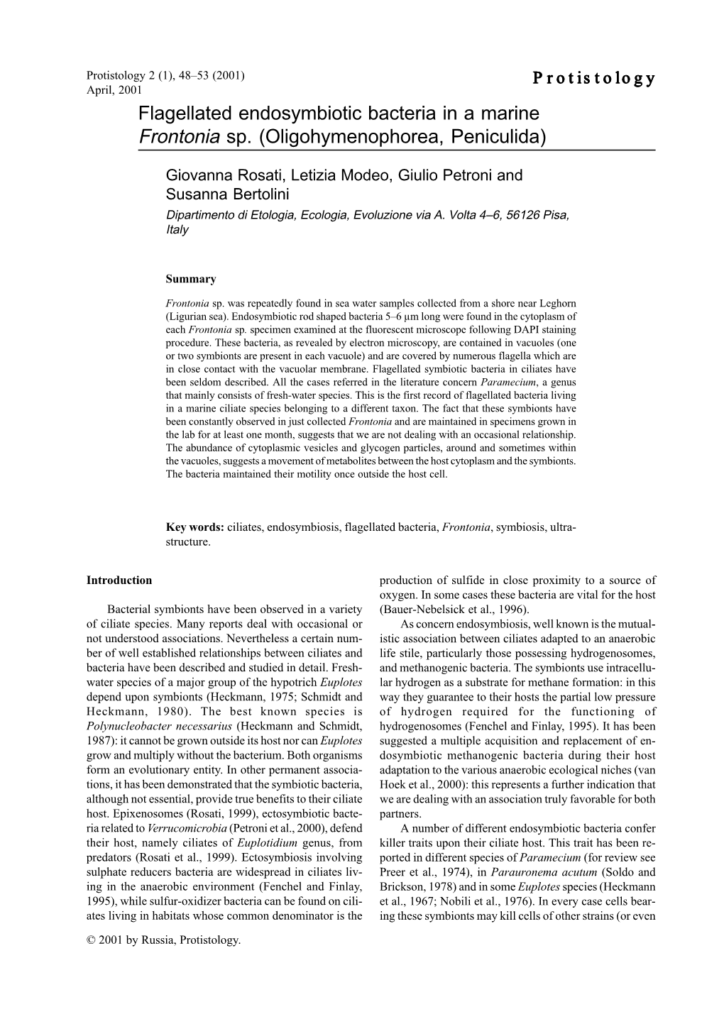 Flagellated Endosymbiotic Bacteria in a Marine Frontonia Sp