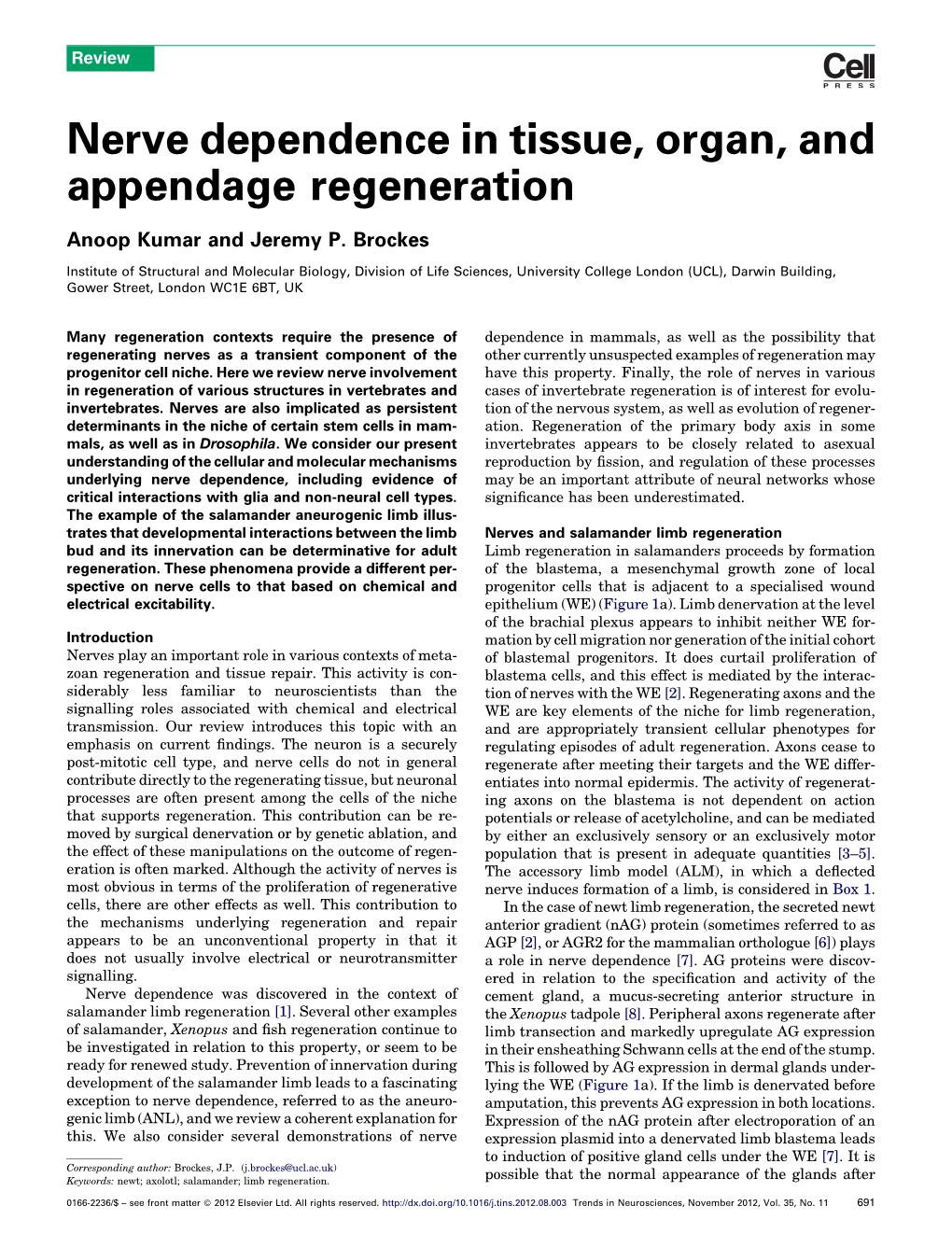 Nerve Dependence in Tissue, Organ, and Appendage Regeneration