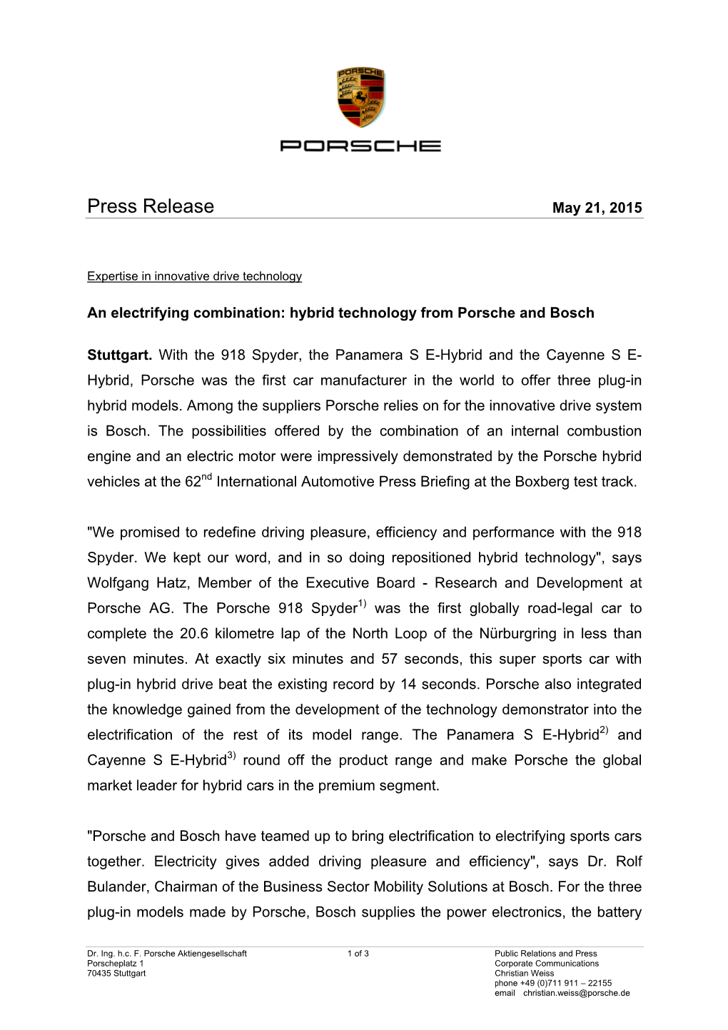 Press Release May 21, 2015