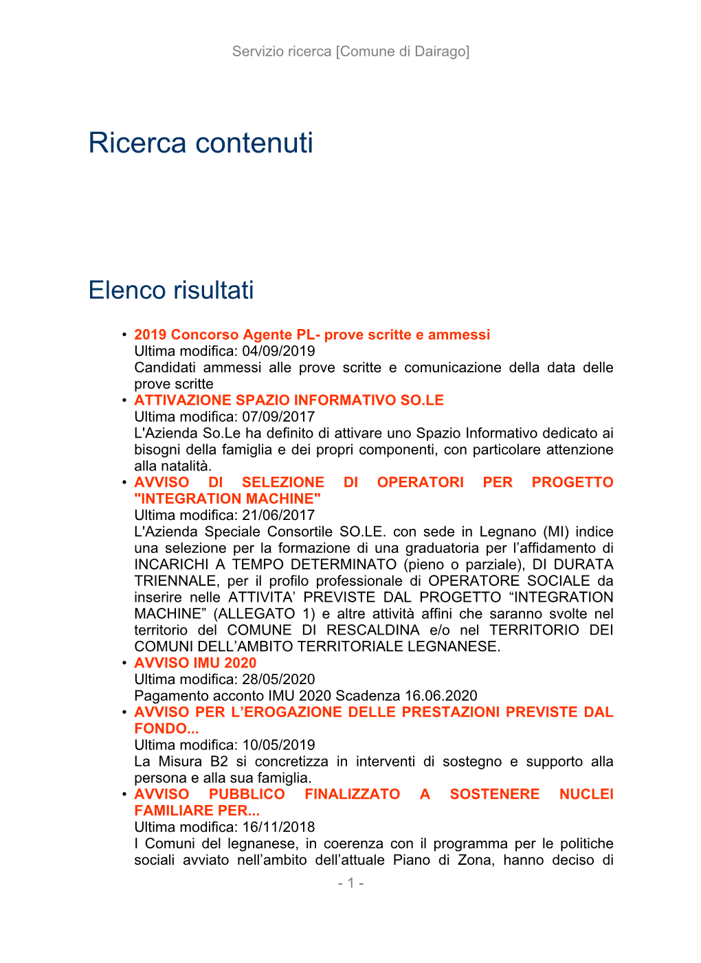 Ricerca Contenuti