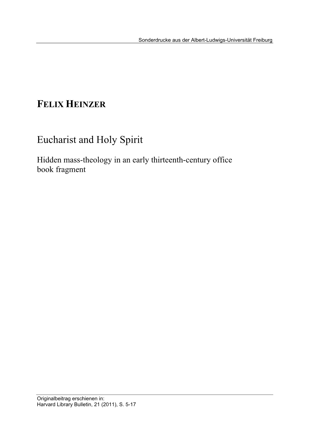 FELIX HEINZER Eucharist and Holy Spirit