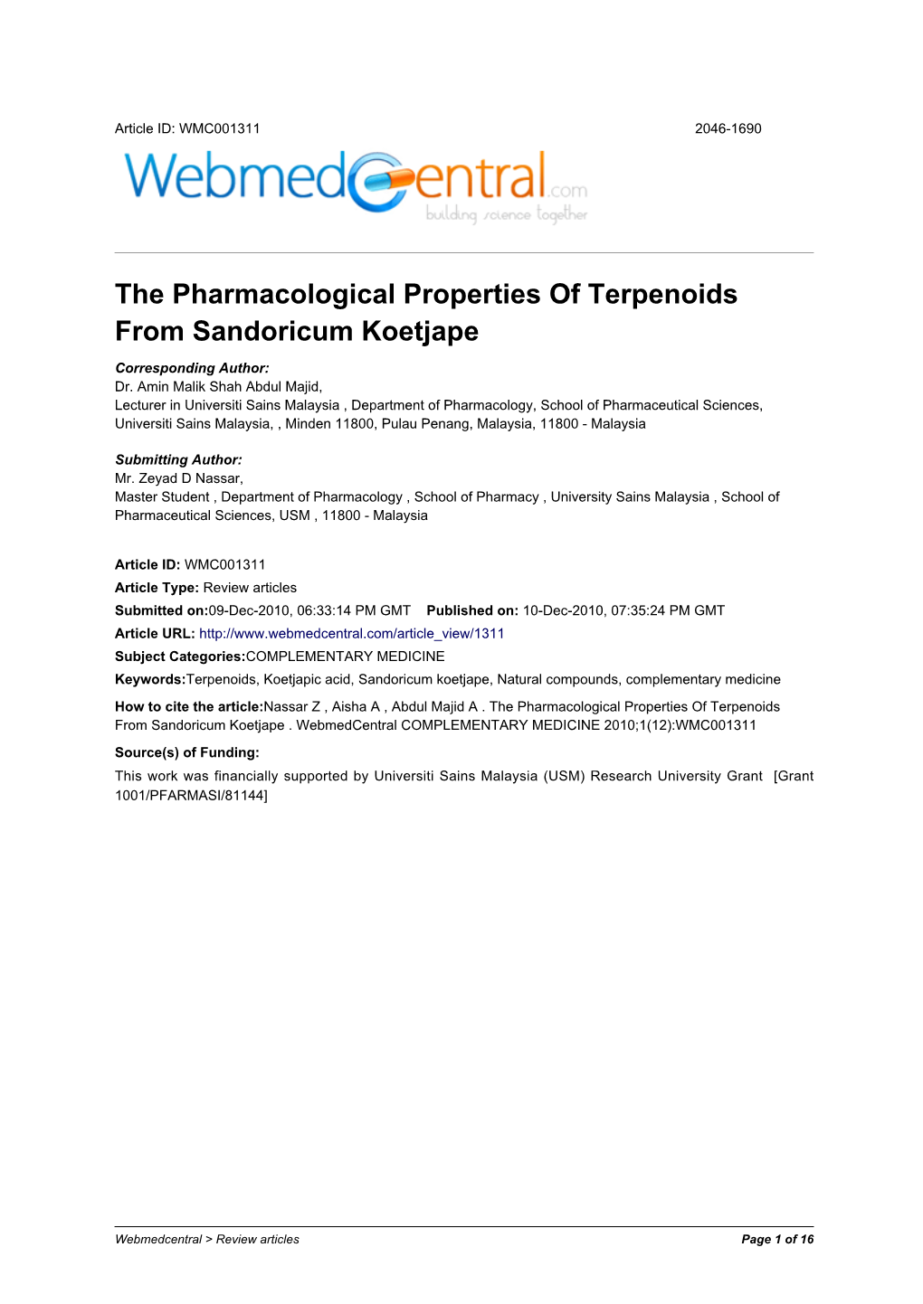 The Pharmacological Properties of Terpenoids from Sandoricum Koetjape