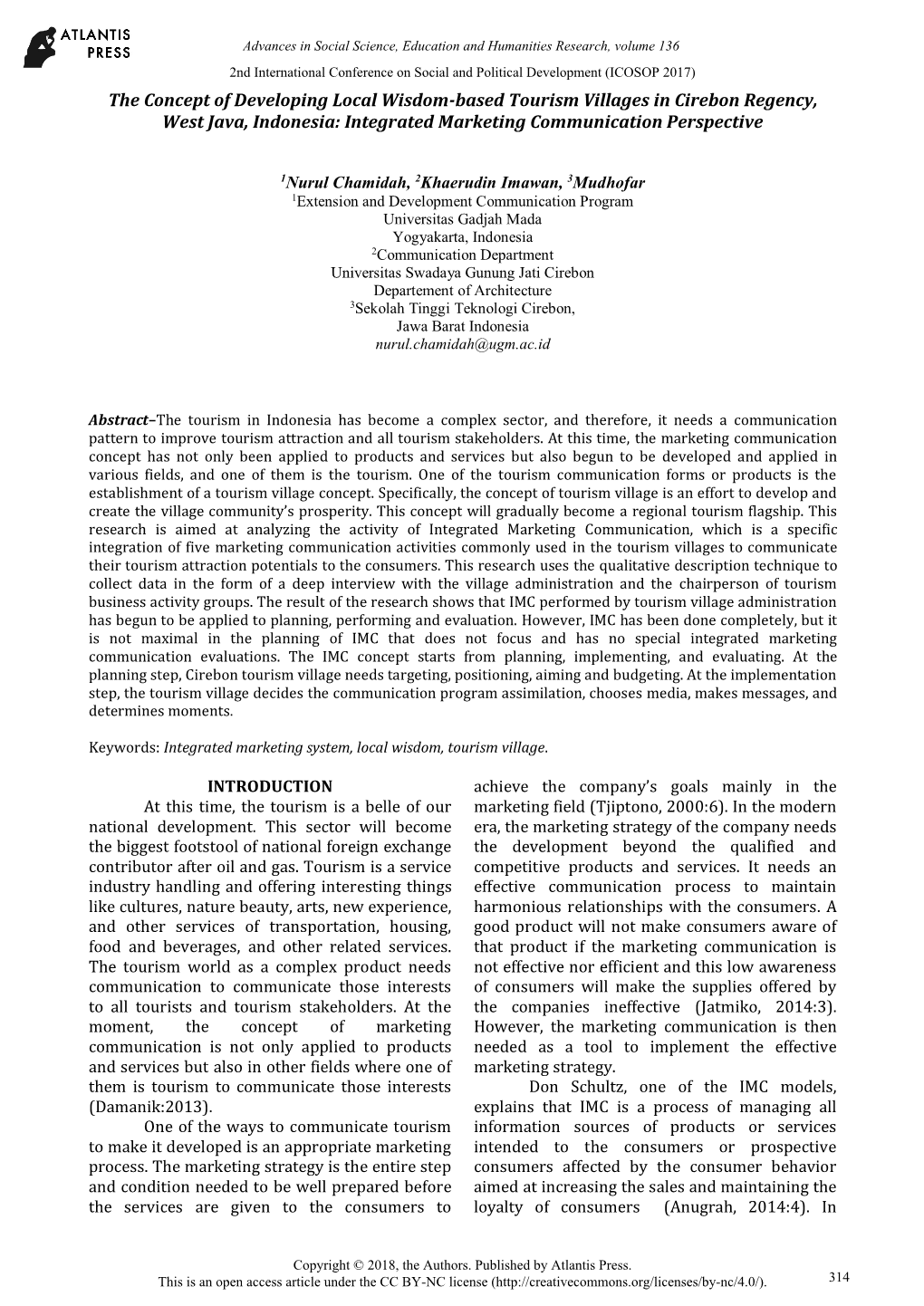 The Concept of Developing Local Wisdom-Based Tourism Villages in Cirebon Regency, West Java, Indonesia: Integrated Marketing Communication Perspective