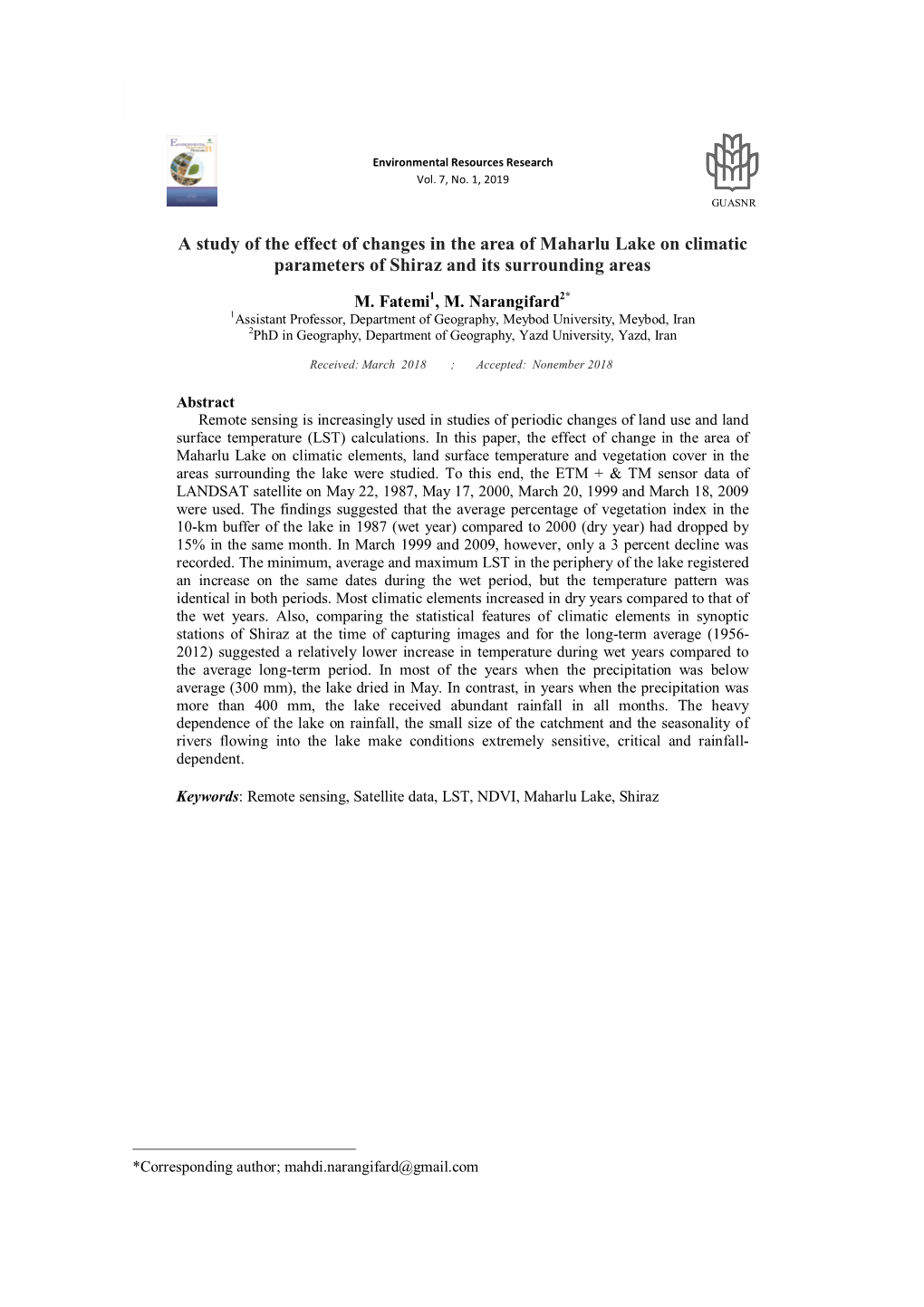 A Study of the Effect of Changes in the Area of Maharlu Lake on Climatic Parameters of Shiraz and Its Surrounding Areas