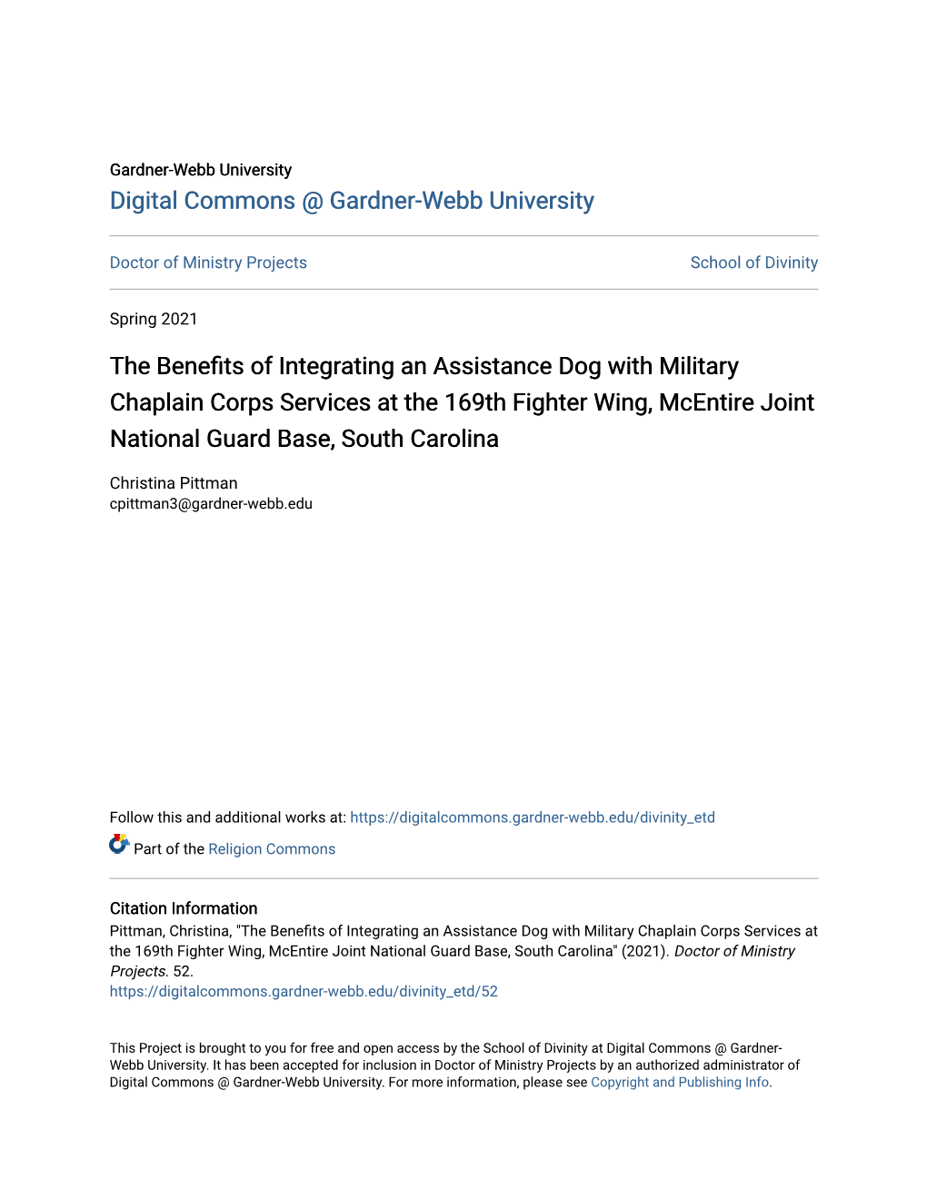 The Benefits of Integrating an Assistance Dog with Military Chaplain Corps Services at the 169Th Fighter Wing, Mcentire Joint National Guard Base, South Carolina