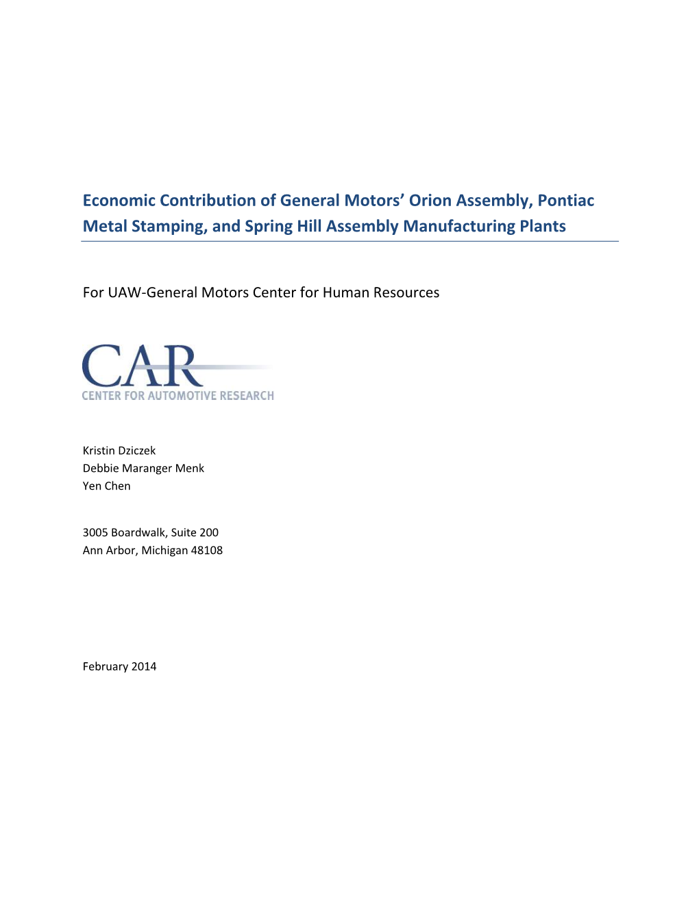 Economic Contribution of General Motors' Orion Assembly, Pontiac