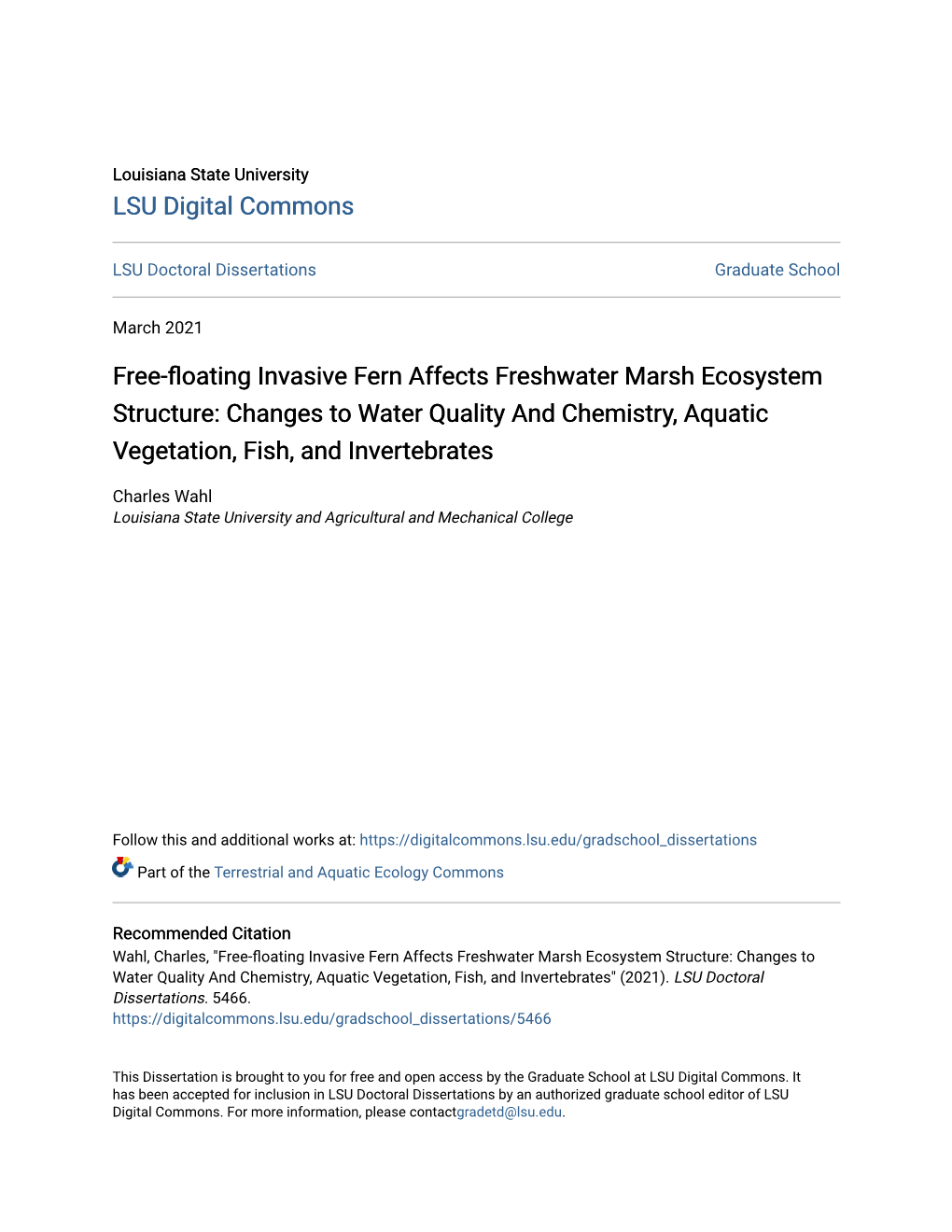 Free-Floating Invasive Fern Affects Freshwater Marsh Ecosystem Structure: Changes to Water Quality and Chemistry, Aquatic Vegetation, Fish, and Invertebrates