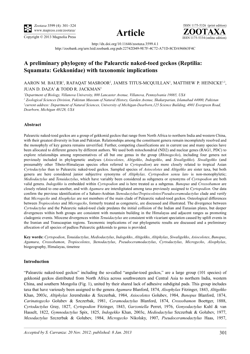 A Preliminary Phylogeny of the Palearctic Naked-Toed Geckos (Reptilia: Squamata: Gekkonidae) with Taxonomic Implications