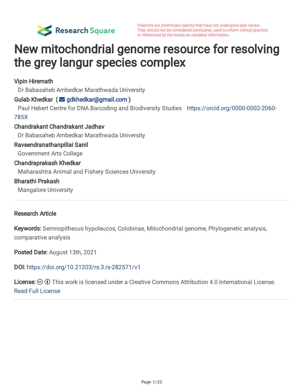 New Mitochondrial Genome Resource for Resolving the Grey Langur Species Complex