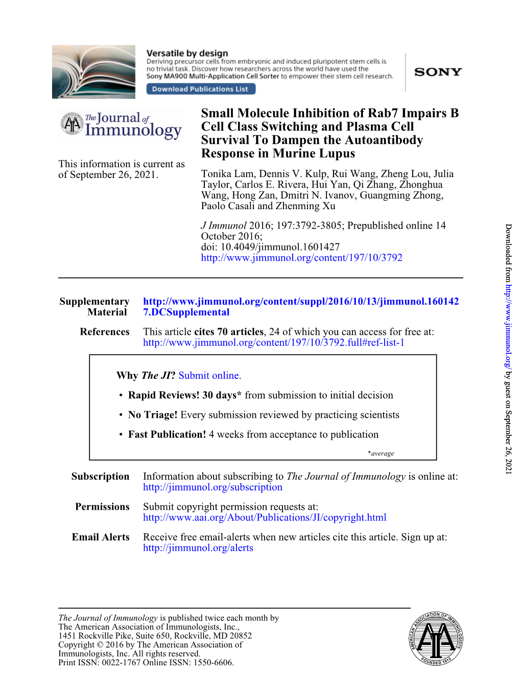 Small Molecule Inhibition of Rab7 Impairs B Cell Class Switching and Plasma Cell Survival to Dampen the Autoantibody Response In