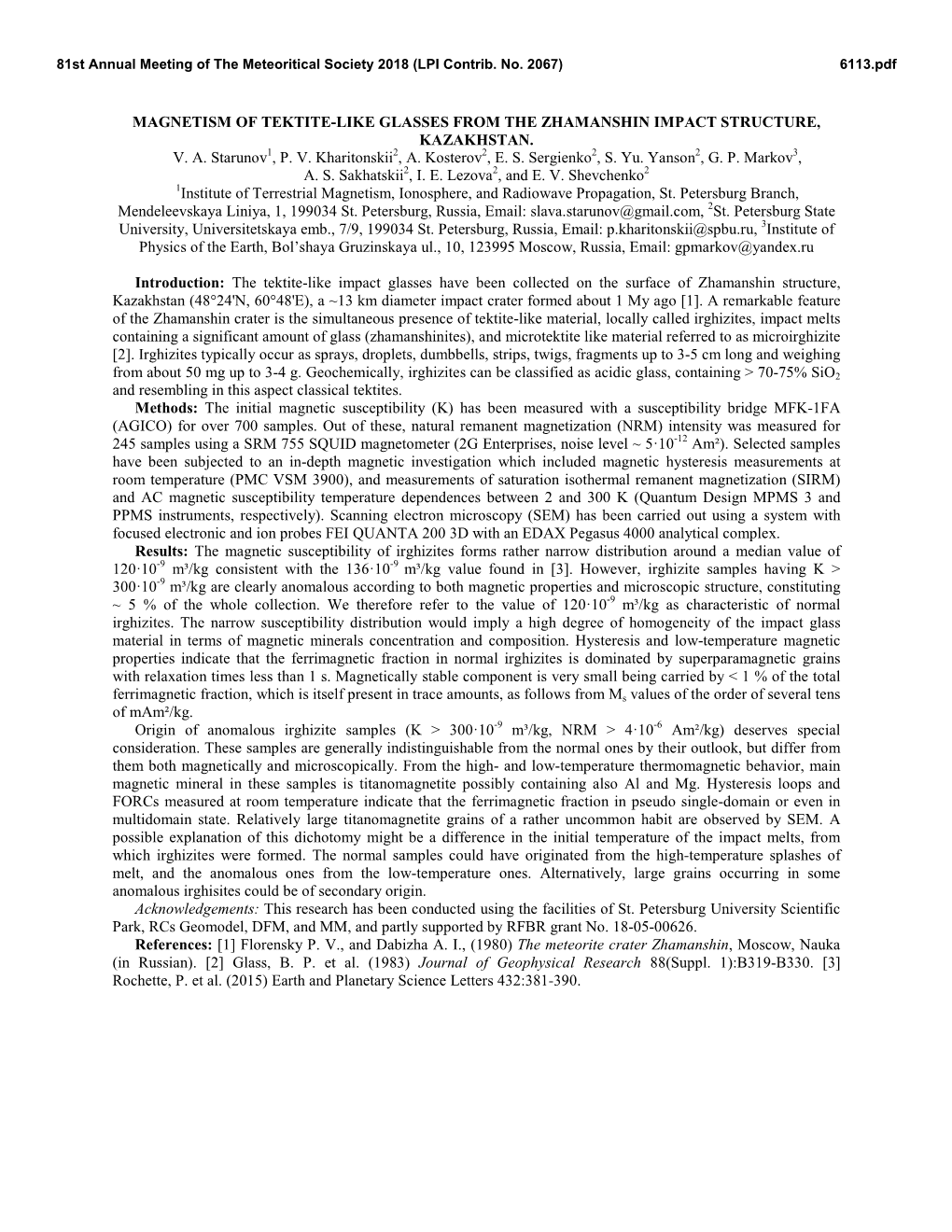 Magnetism of Tektite-Like Glasses from the Zhamanshin Impact Structure, Kazakhstan