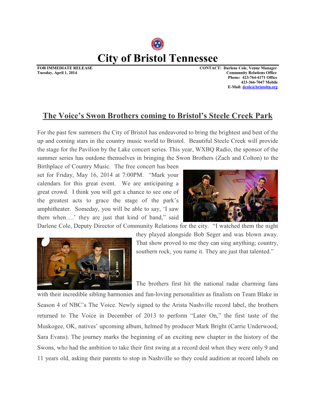 The Voices Swon Brothers Coming to Bristols Steele Creek Park