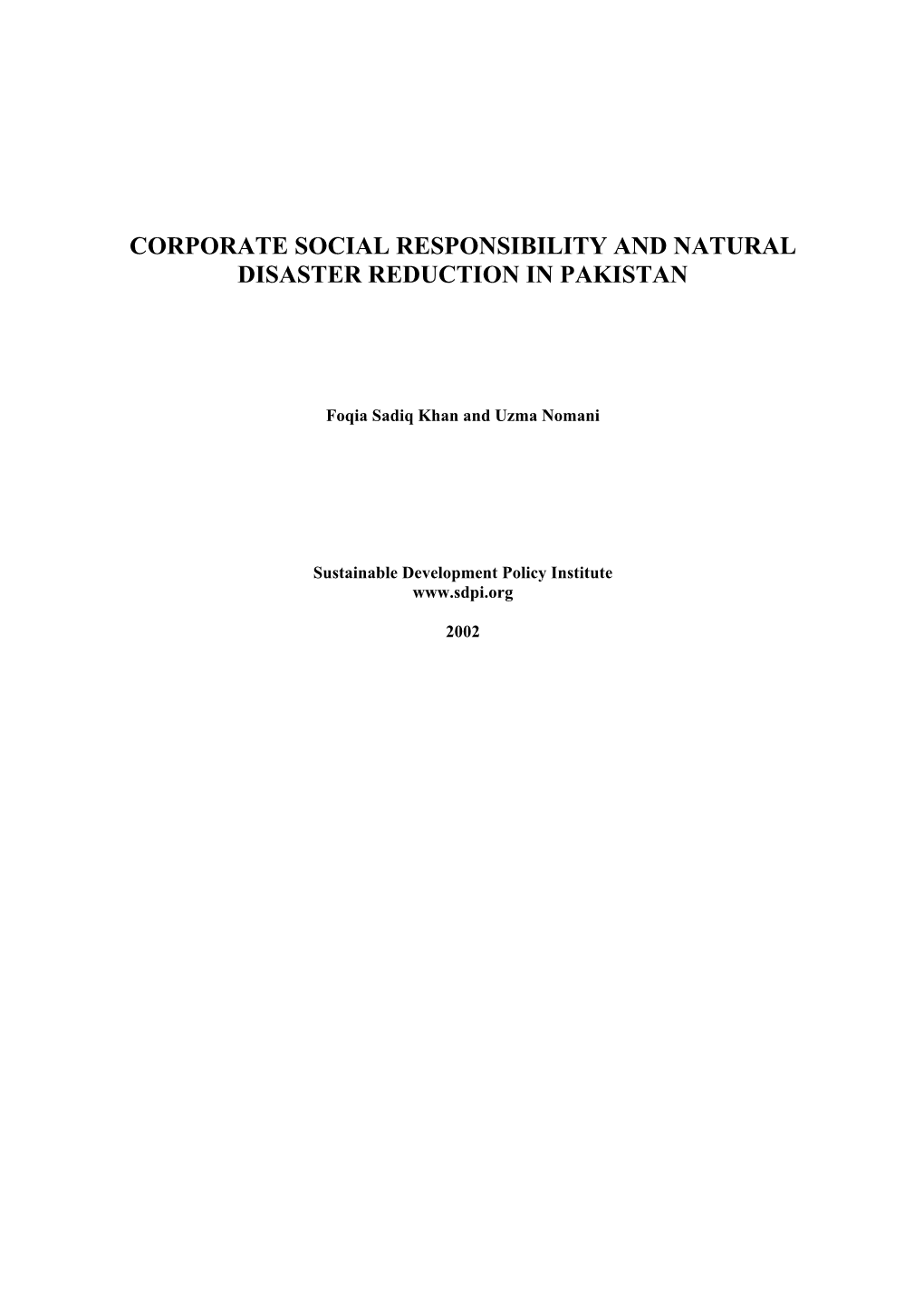 Corporate Social Responsibility and Natural Disaster Reduction in Pakistan