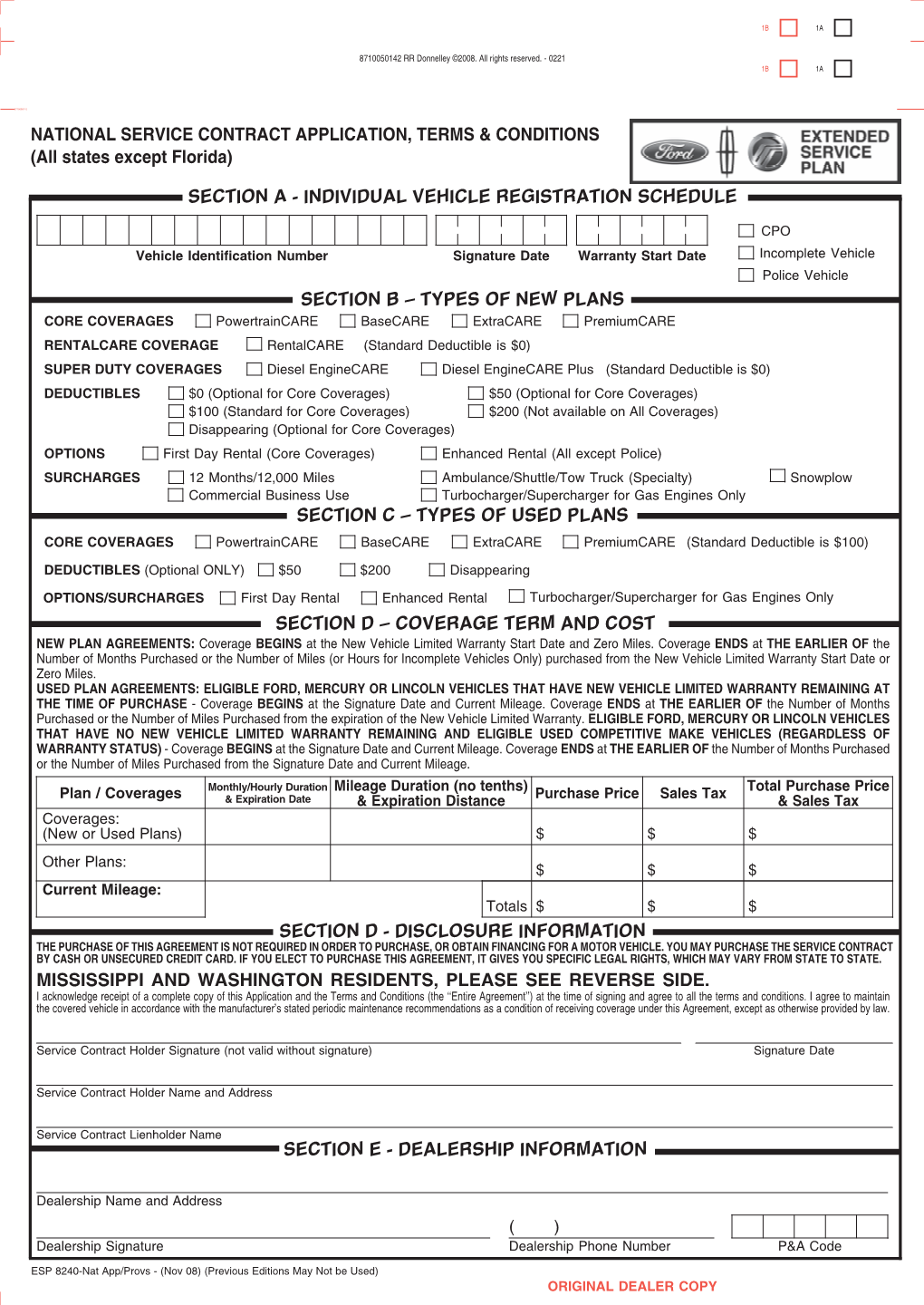 NATIONAL SERVICE CONTRACT APPLICATION, TERMS & CONDITIONS (All States Except Florida)