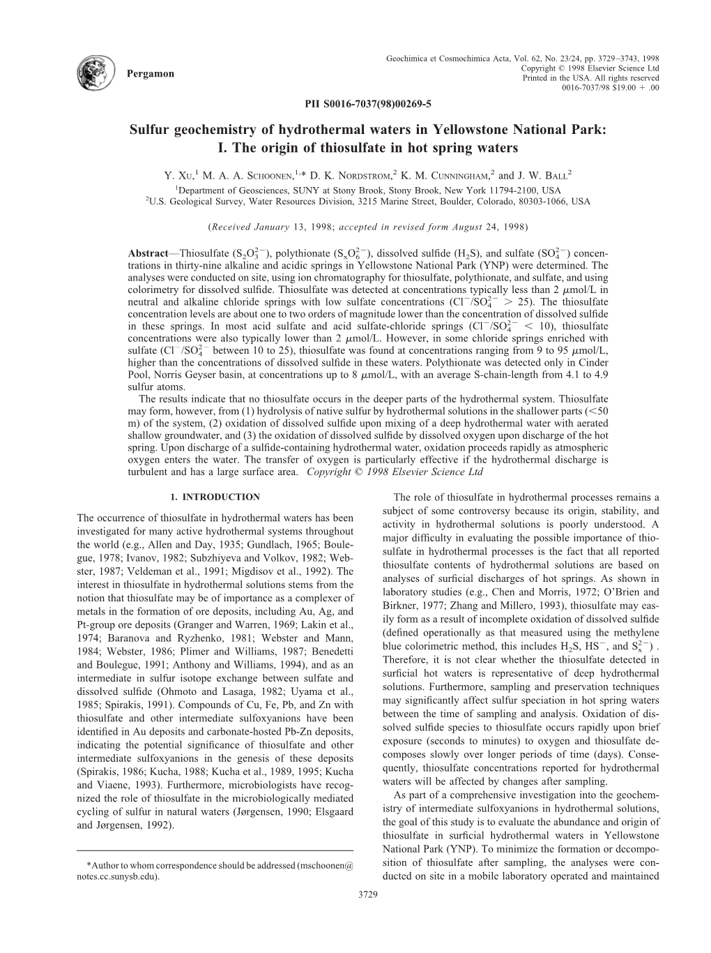 Sulfur Geochemistry of Hydrothermal Waters in Yellowstone National Park: I