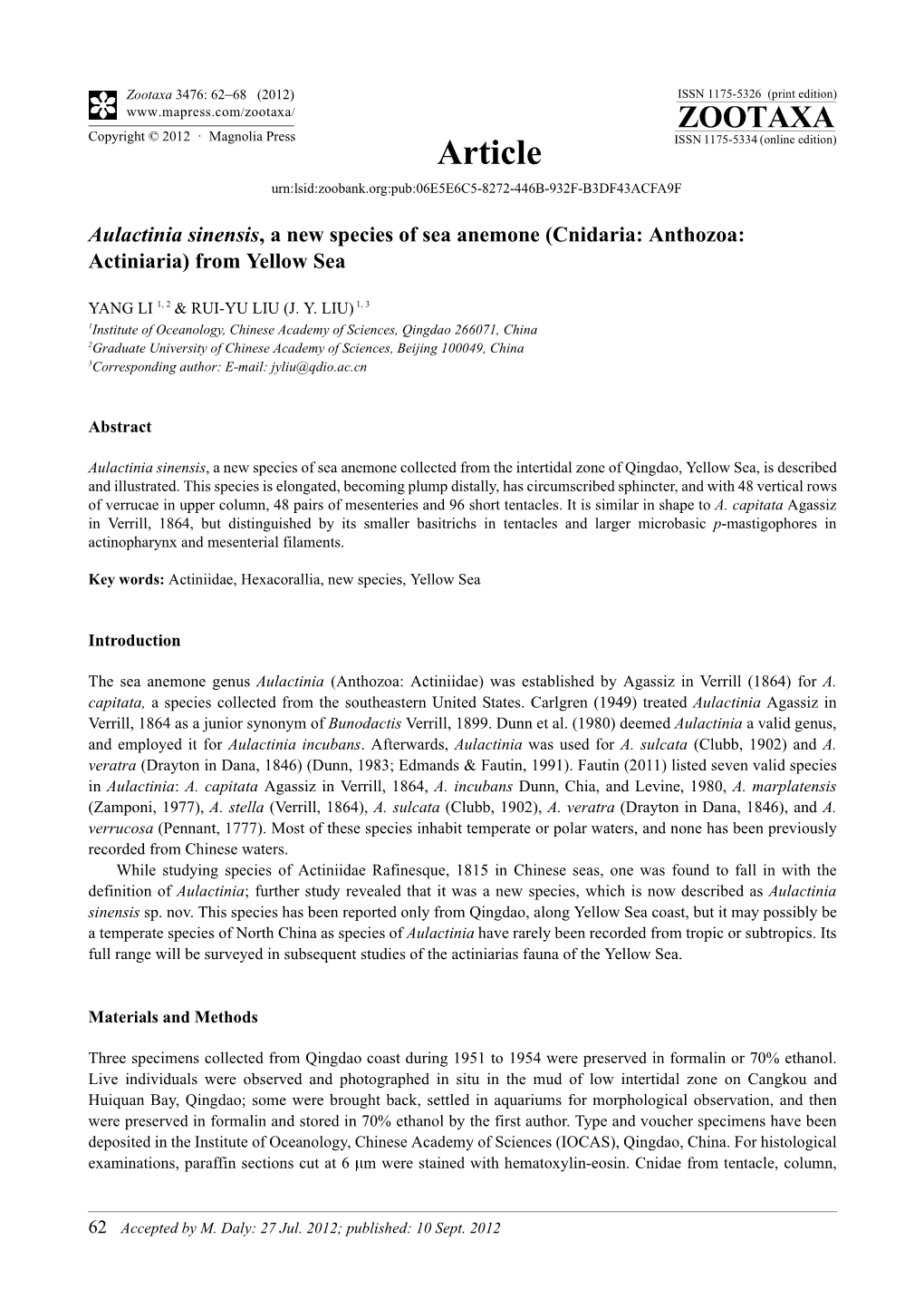 Aulactinia Sinensis, a New Species of Sea Anemone (Cnidaria: Anthozoa: Actiniaria) from Yellow Sea