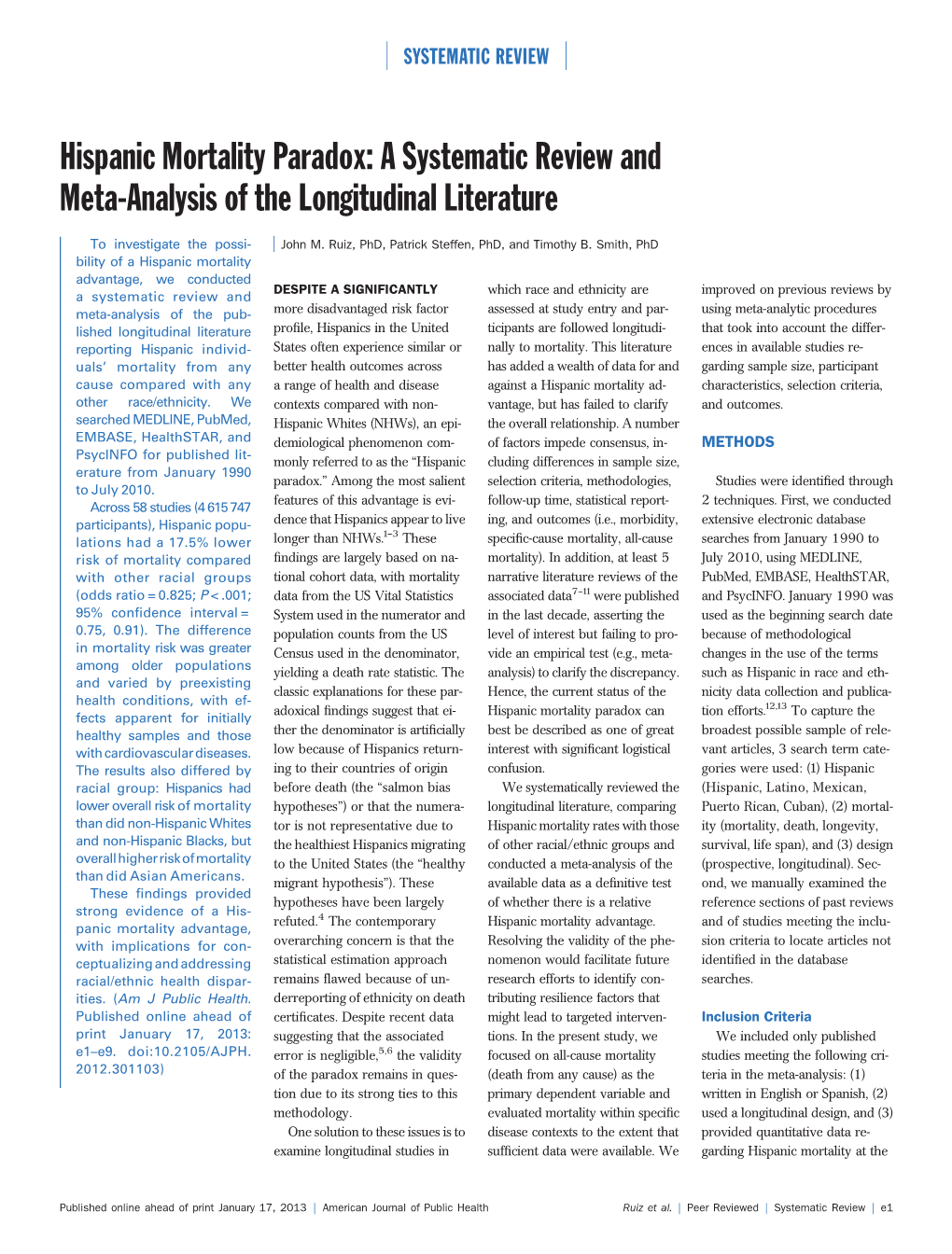 Hispanic Mortality Paradox: a Systematic Review and Meta-Analysis of the Longitudinal Literature