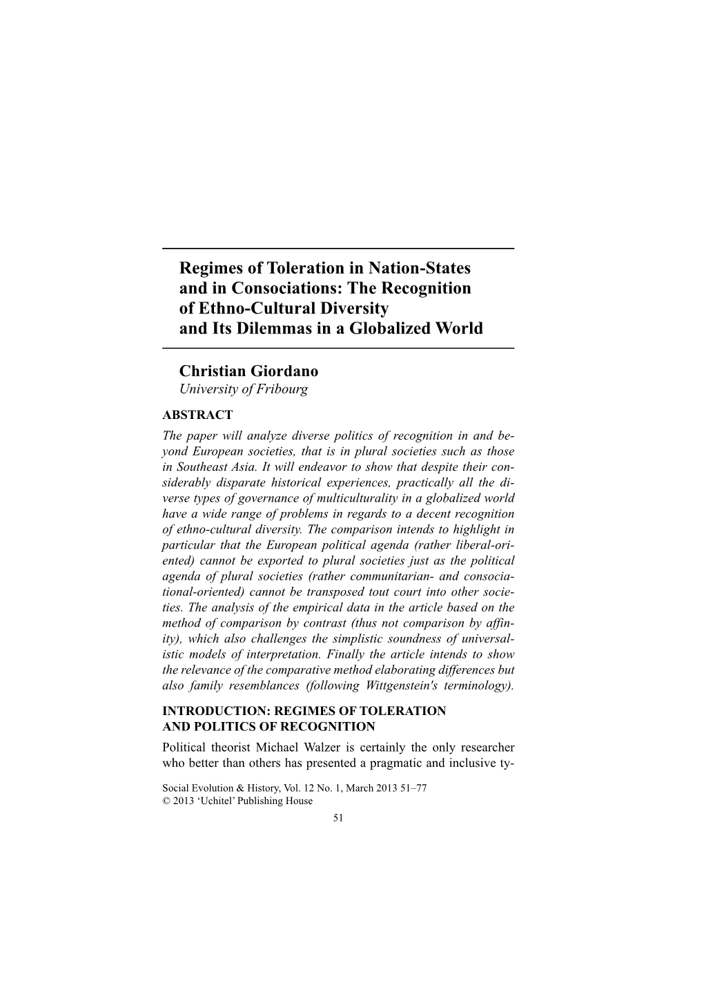 Regimes of Toleration in Nation-States and in Consociations: the Recognition of Ethno-Cultural Diversity and Its Dilemmas in a Globalized World