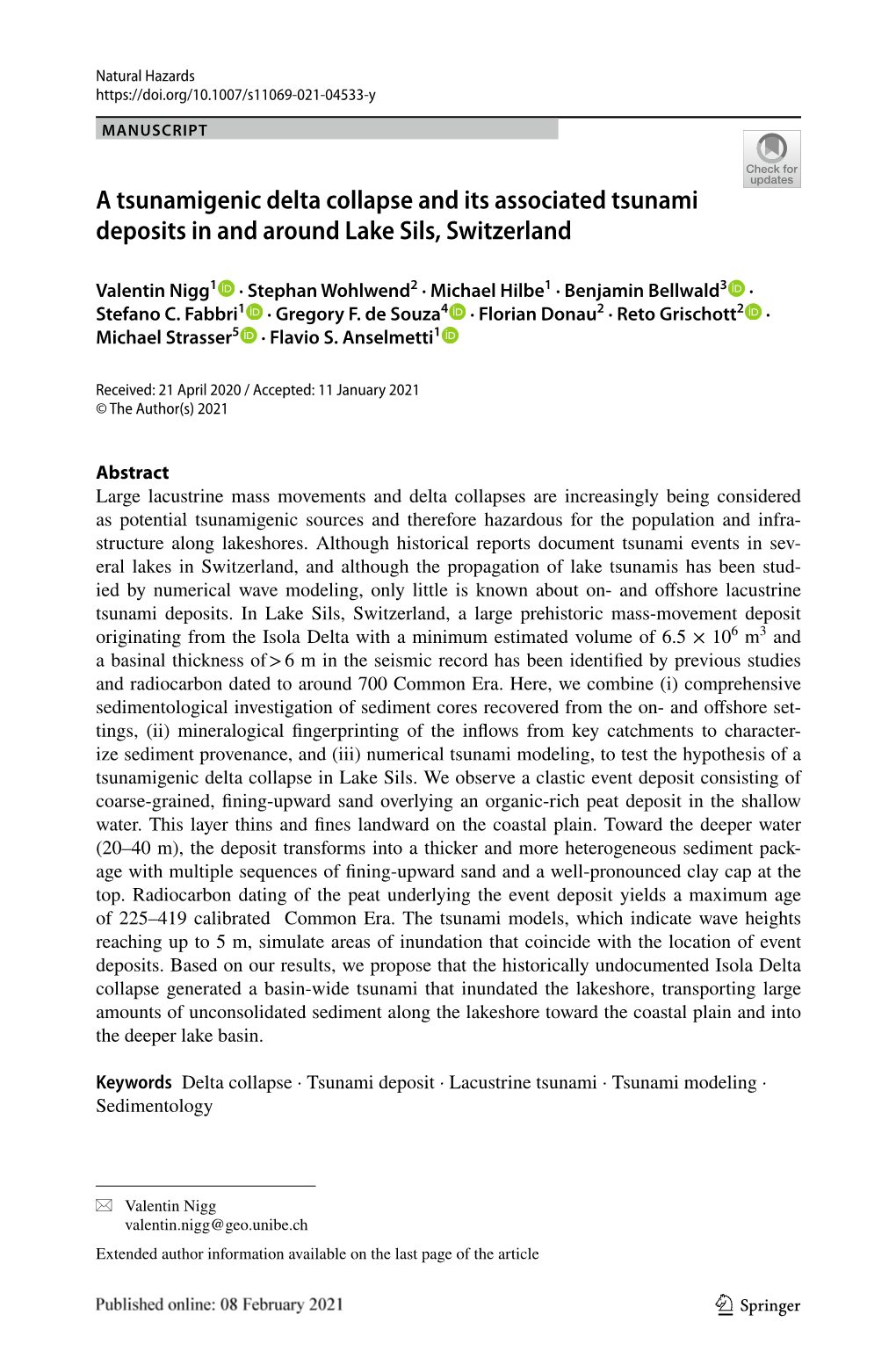 A Tsunamigenic Delta Collapse and Its Associated Tsunami Deposits in and Around Lake Sils, Switzerland