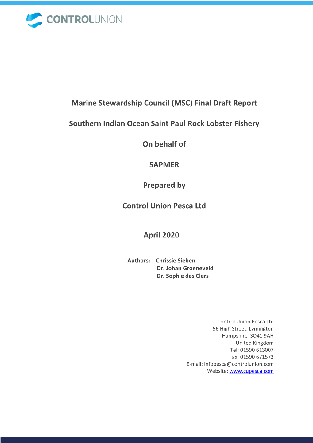 Final Draft Report Southern Indian Ocean Saint Paul Rock Lobster