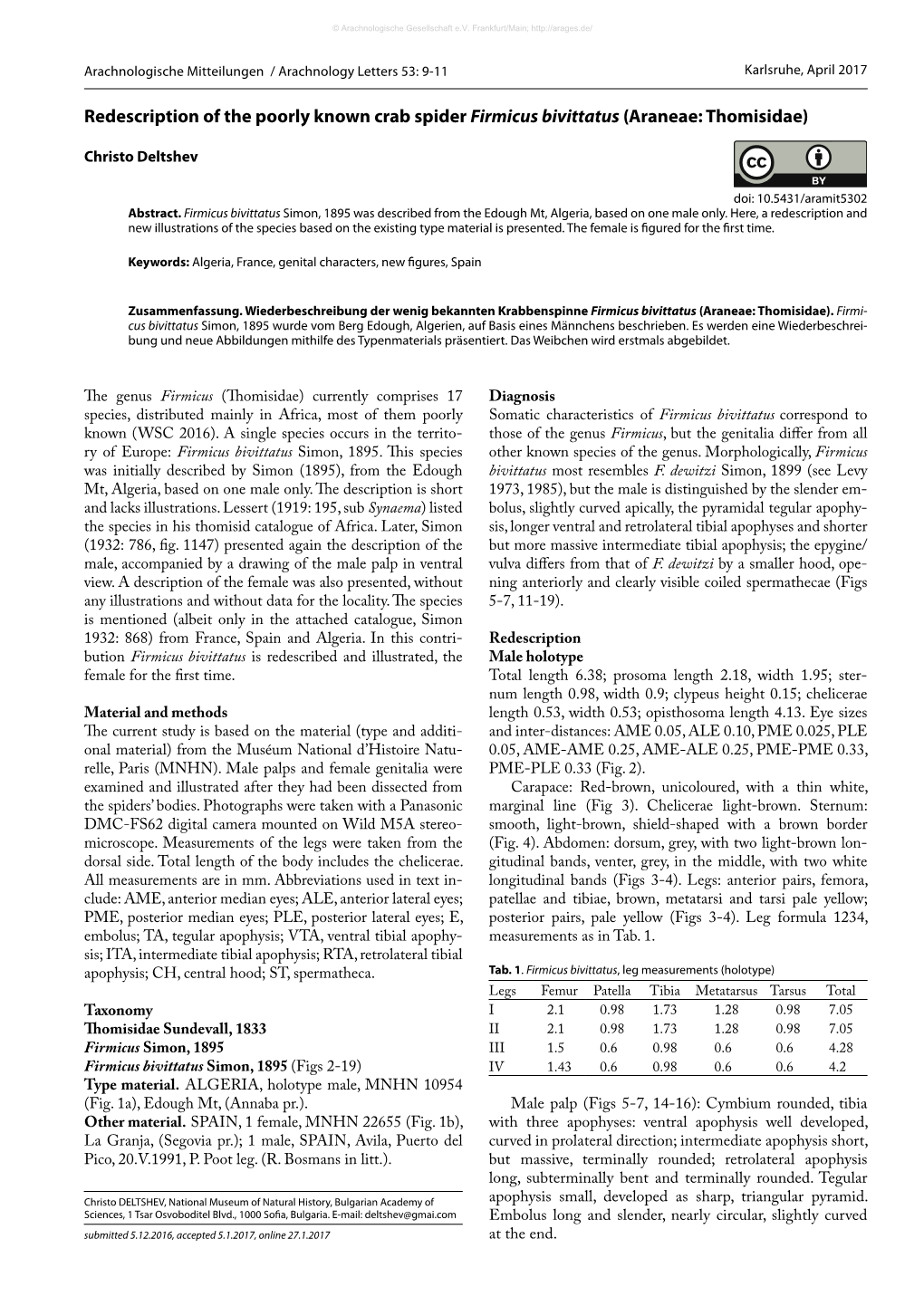 Redescription of the Poorly Known Crab Spider Firmicus Bivittatus (Araneae: Thomisidae)