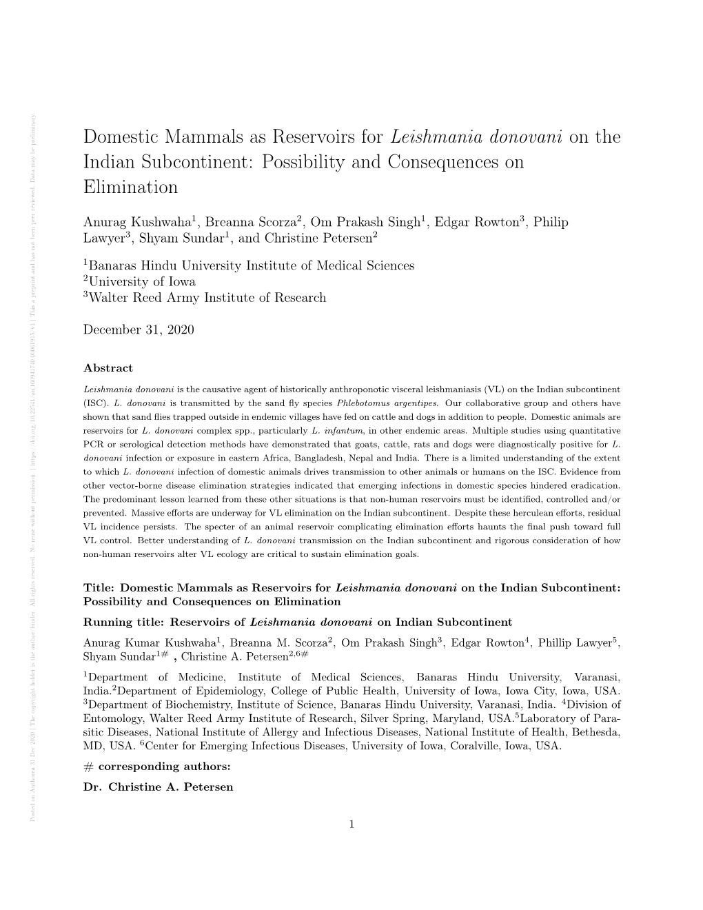 Domestic Mammals As Reservoirs for Leishmania Donovani On