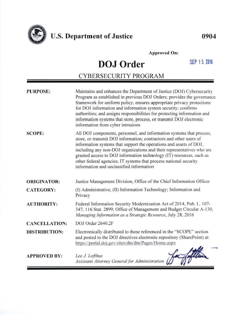 DOJ Order 0904 Cybersecurity Program, Approved on September