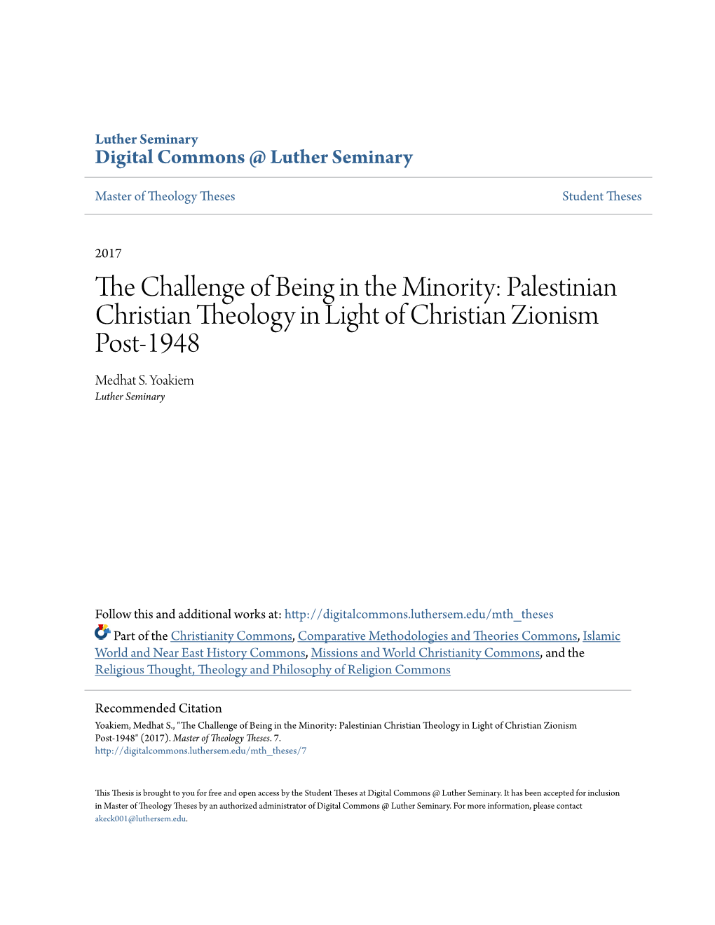 The Challenge of Being in the Minority: Palestinian Christian Theology In