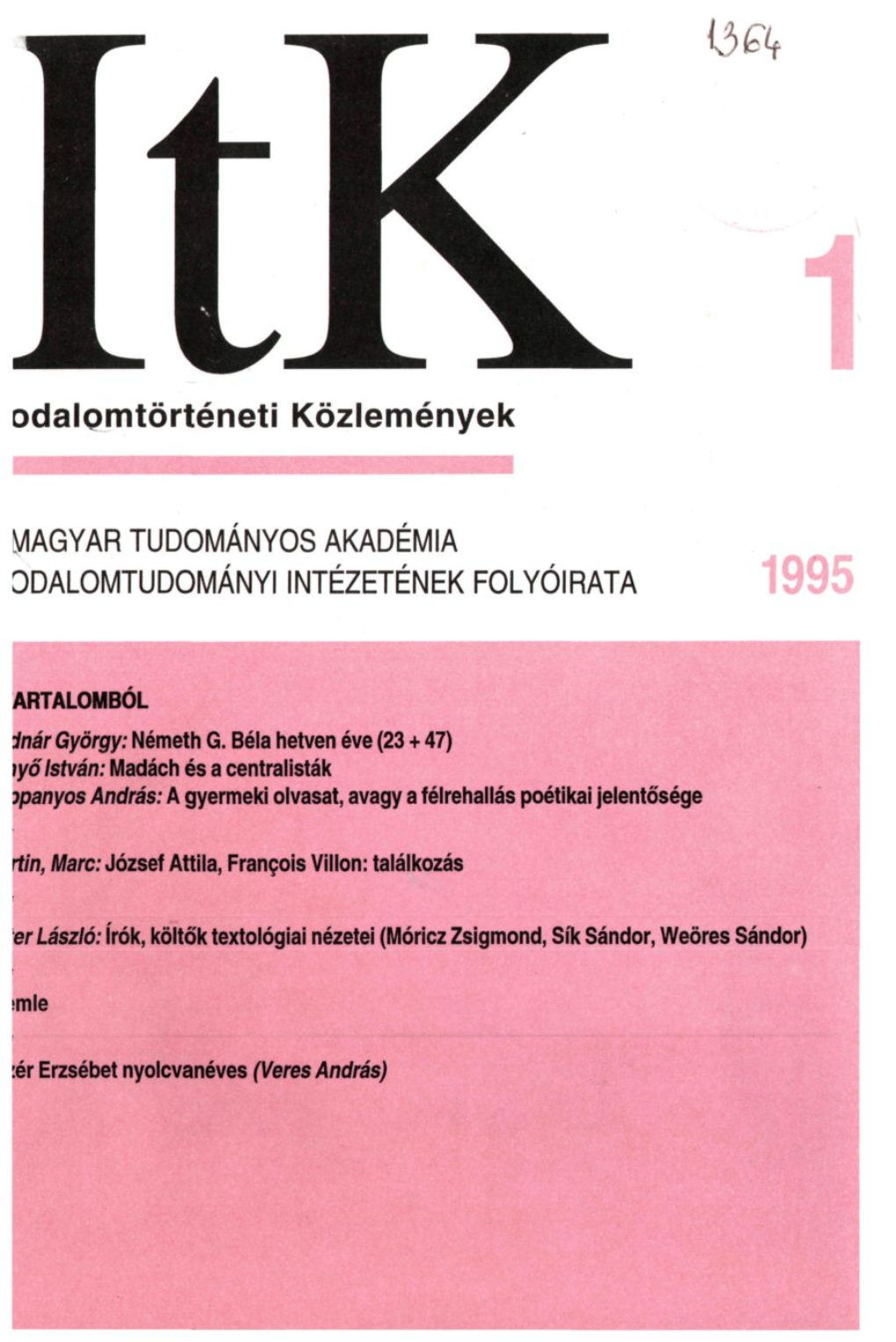 Irodalomtörténeti Közlemények 1995. 99. Évf. 1. Füzet