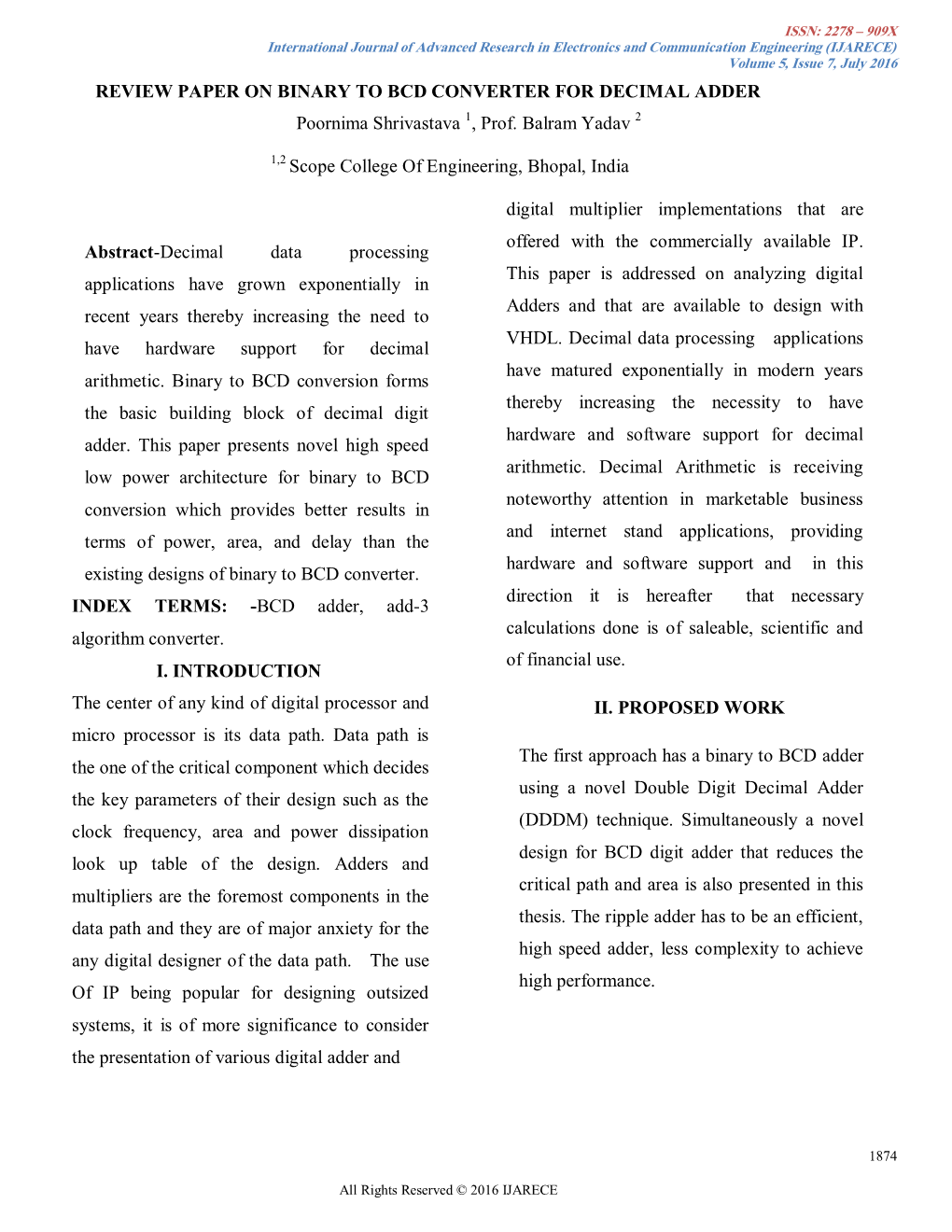 REVIEW PAPER on BINARY to BCD CONVERTER for DECIMAL ADDER Poornima Shrivastava 1, Prof