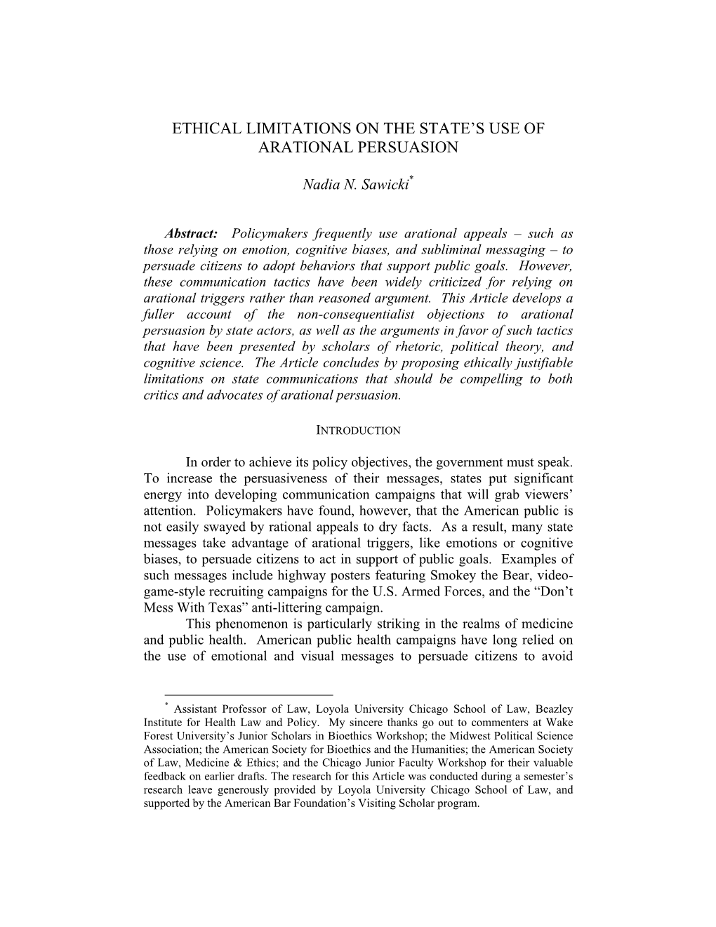 Ethical Limitations on the State's Use of Arational