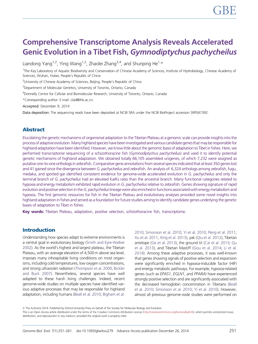 Comprehensive Transcriptome Analysis Reveals Accelerated Genic Evolution in a Tibet Fish, Gymnodiptychus Pachycheilus