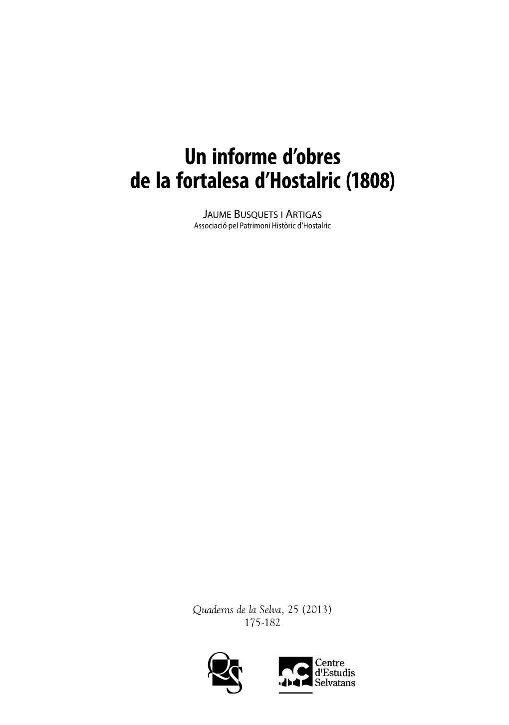 Un Informe D'obres De La Fortalesa D'hostalric